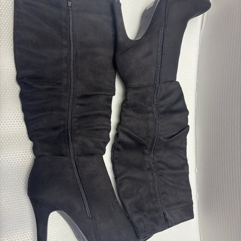 Katliu Suede Knee High Pointed Toe Stiletto Boot Slouchy Zipper High - 1145